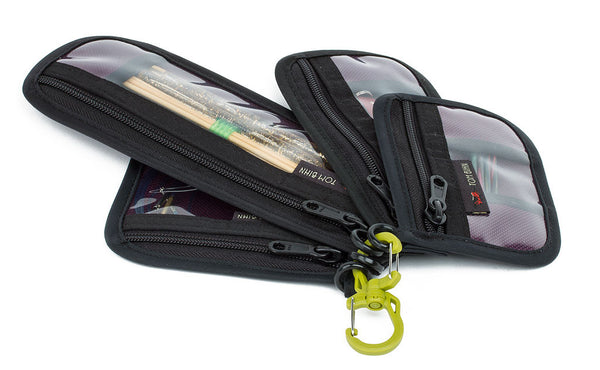 A Wasabi Medium Double Carabiner with all 4 sizes of Knitting Tool Pouch attached.